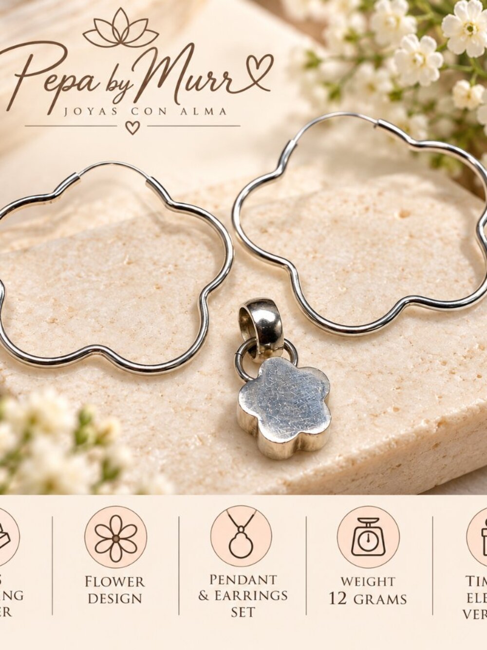 Vintage 925 Sterling Silver Flower Pendant & Hoop Earrings Set – 12g